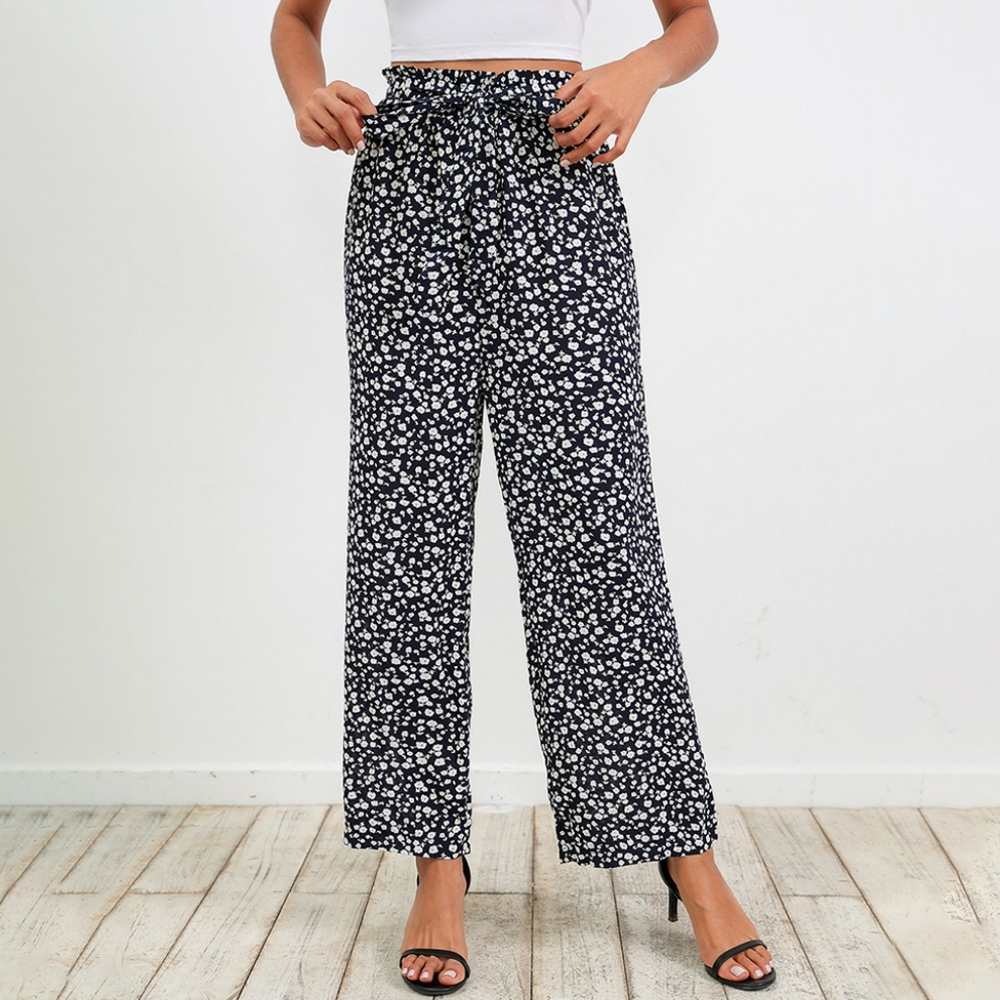 Ditsy Floral Belted Paperbag Wide Leg Pants